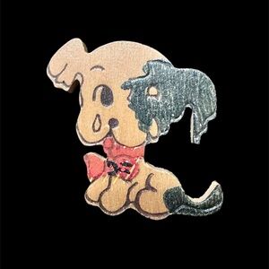 Vintage Folk Art Hand Painted Wood Puppy Dog Pin Brooch